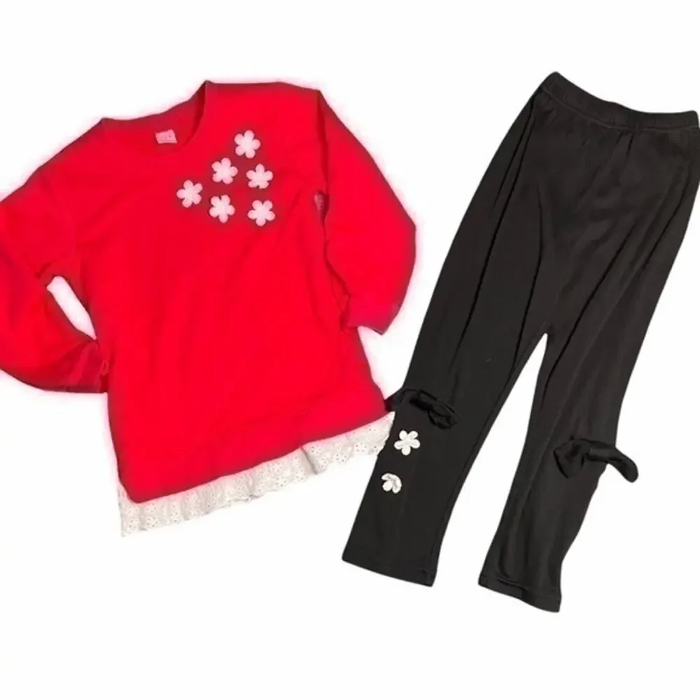 Floral Appliqué Matching Set Girls Size 5 Long Sleeve Top pants Outfit 120